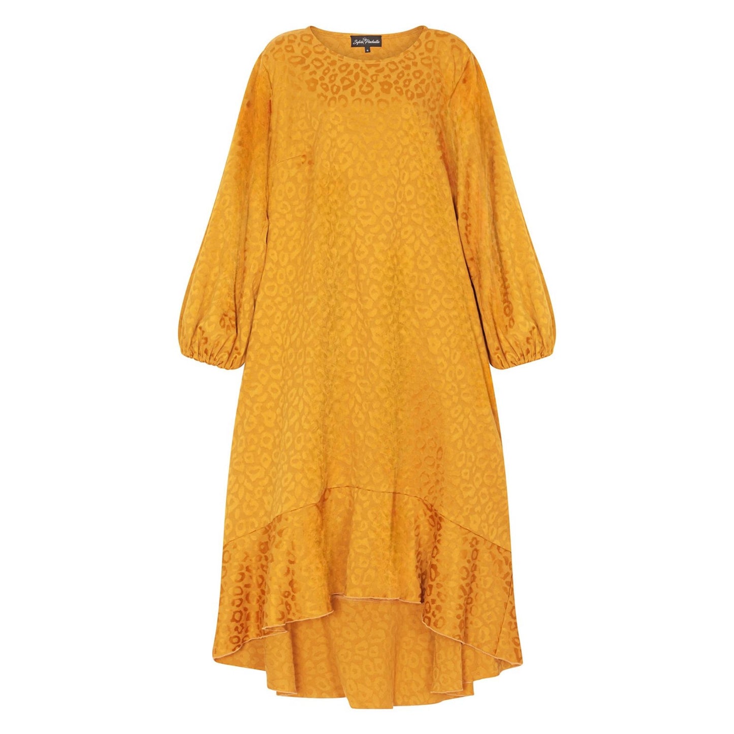 Women's Plus Size Gold Aphrodite Leopard Jacquard Dress shown in a cutout image, highlighting its textured fabric and stylish design.