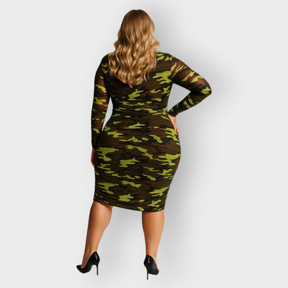 Women's Plus Size Neon Lime Brown Black Camouflage Bodycon Midi Dress styled with black heels for a bold and chic look.White Background.