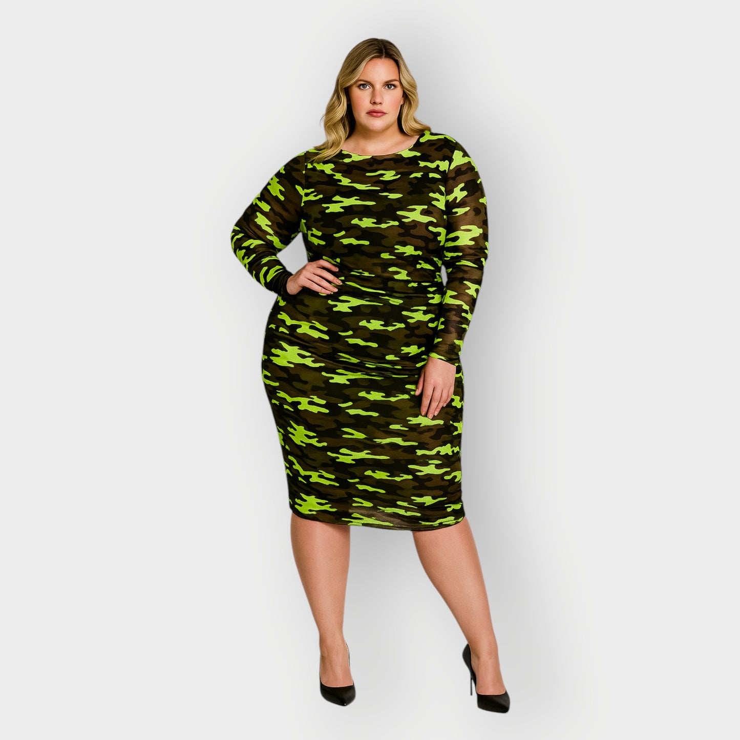 Women's Plus Size Neon Lime Brown Black Camouflage Bodycon Midi Dress styled with black heels for a bold and chic look.White Background.