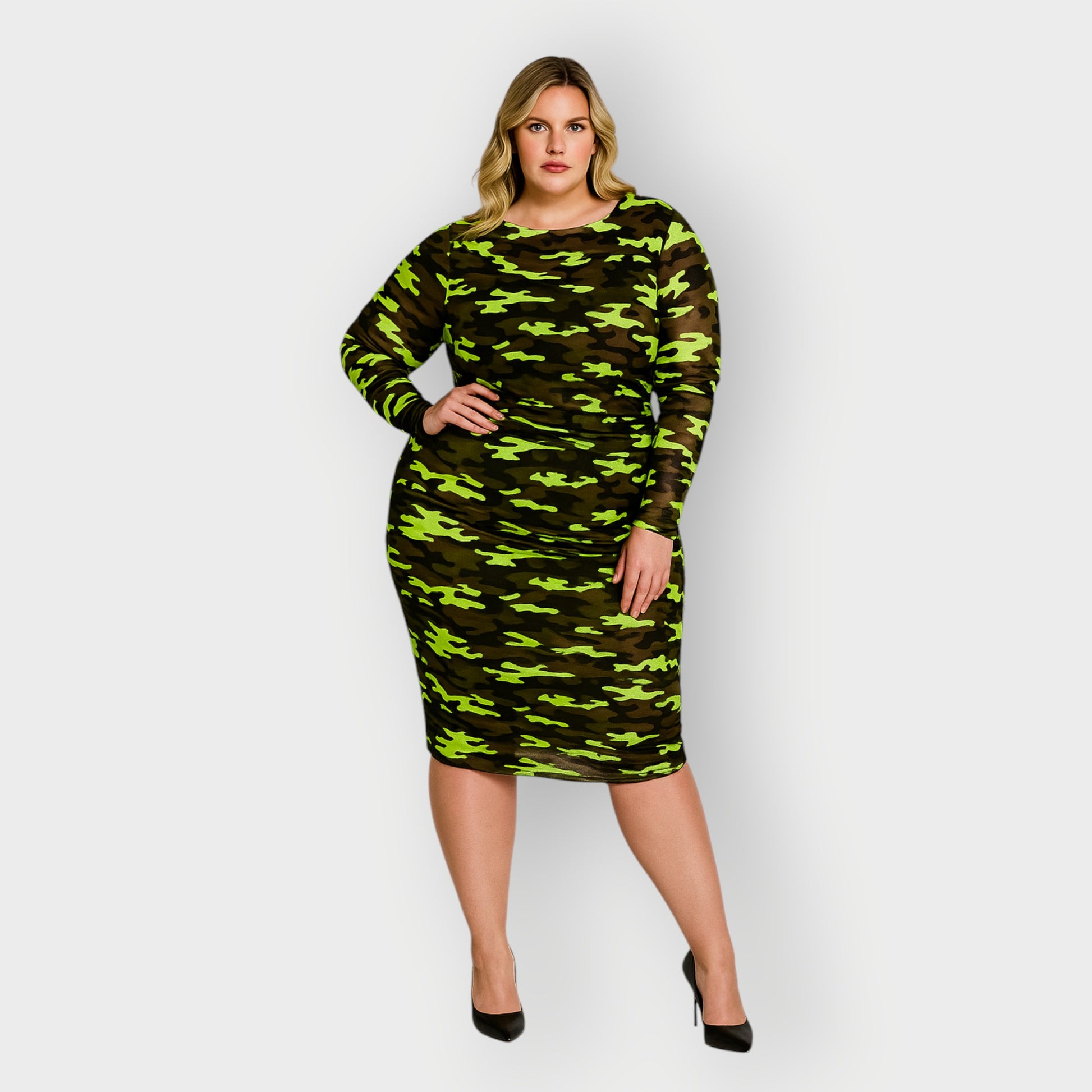 Women's Plus Size Neon Lime Brown Black Camouflage Bodycon Midi Dress styled with black heels for a bold and chic look.White Background.