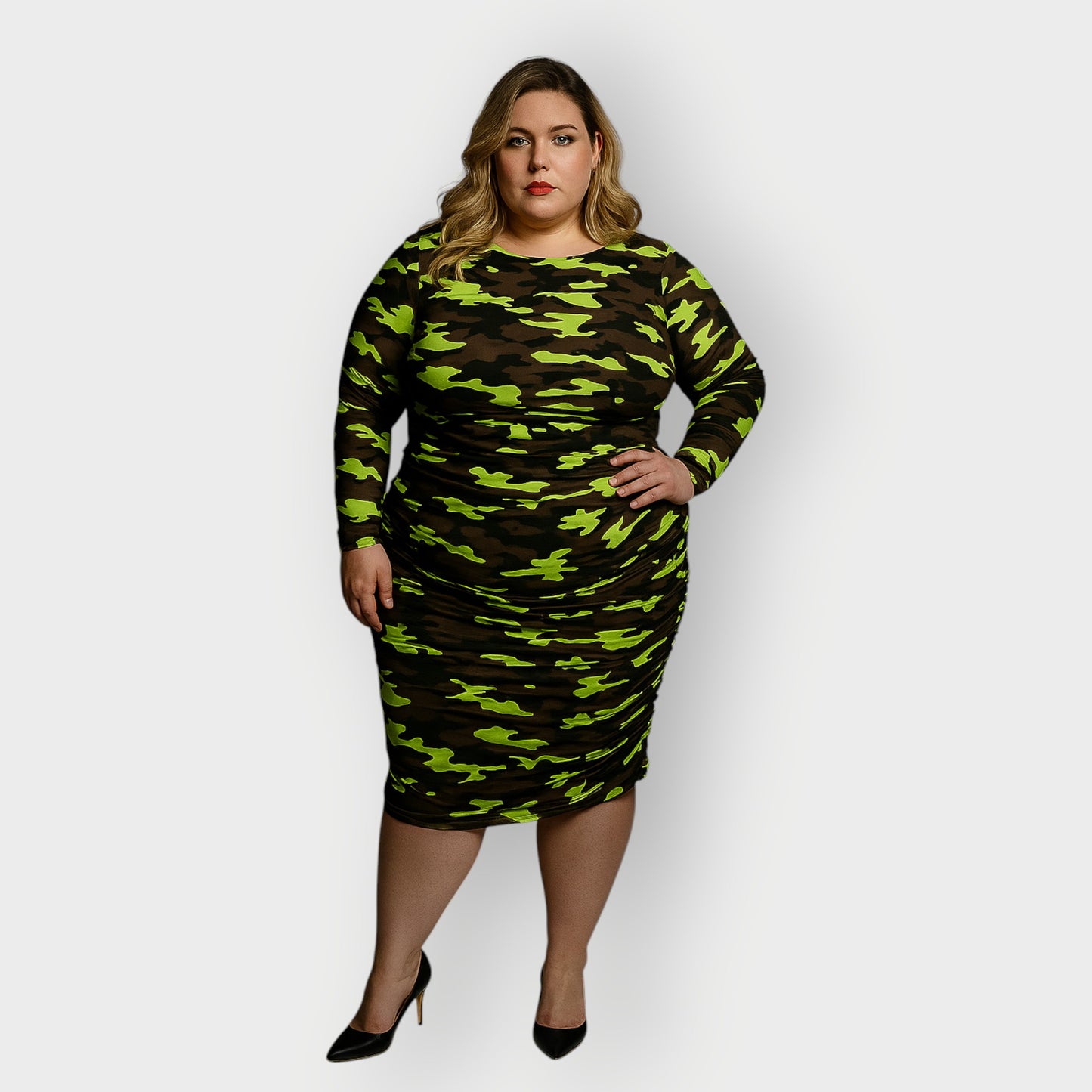 Women's Plus Size Neon Lime Brown Black Camouflage Bodycon Midi Dress styled with black heels for a bold and chic look.White Background.