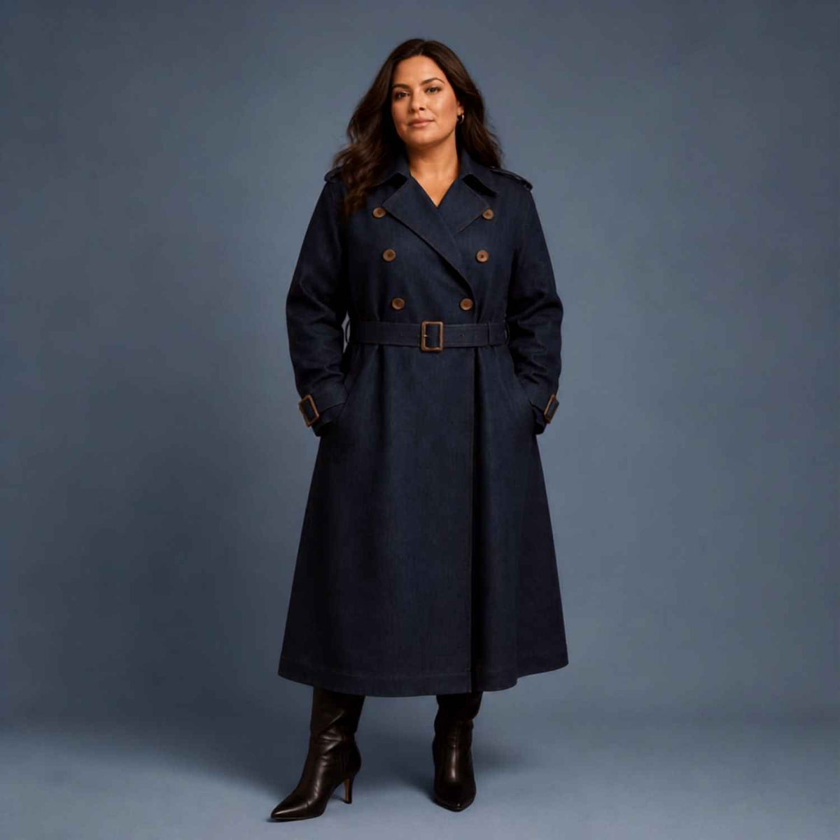 Plus Size Dark Navy Denim Trench Coat | Relaxed Oversized Longline Trench