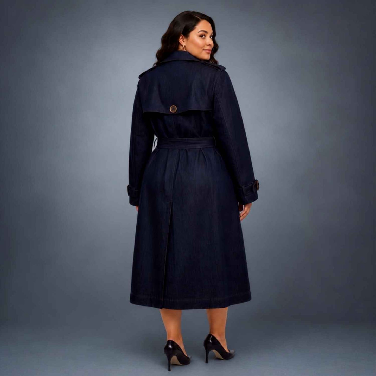 Plus Size Dark Navy Denim Trench Coat | Relaxed Oversized Longline Trench