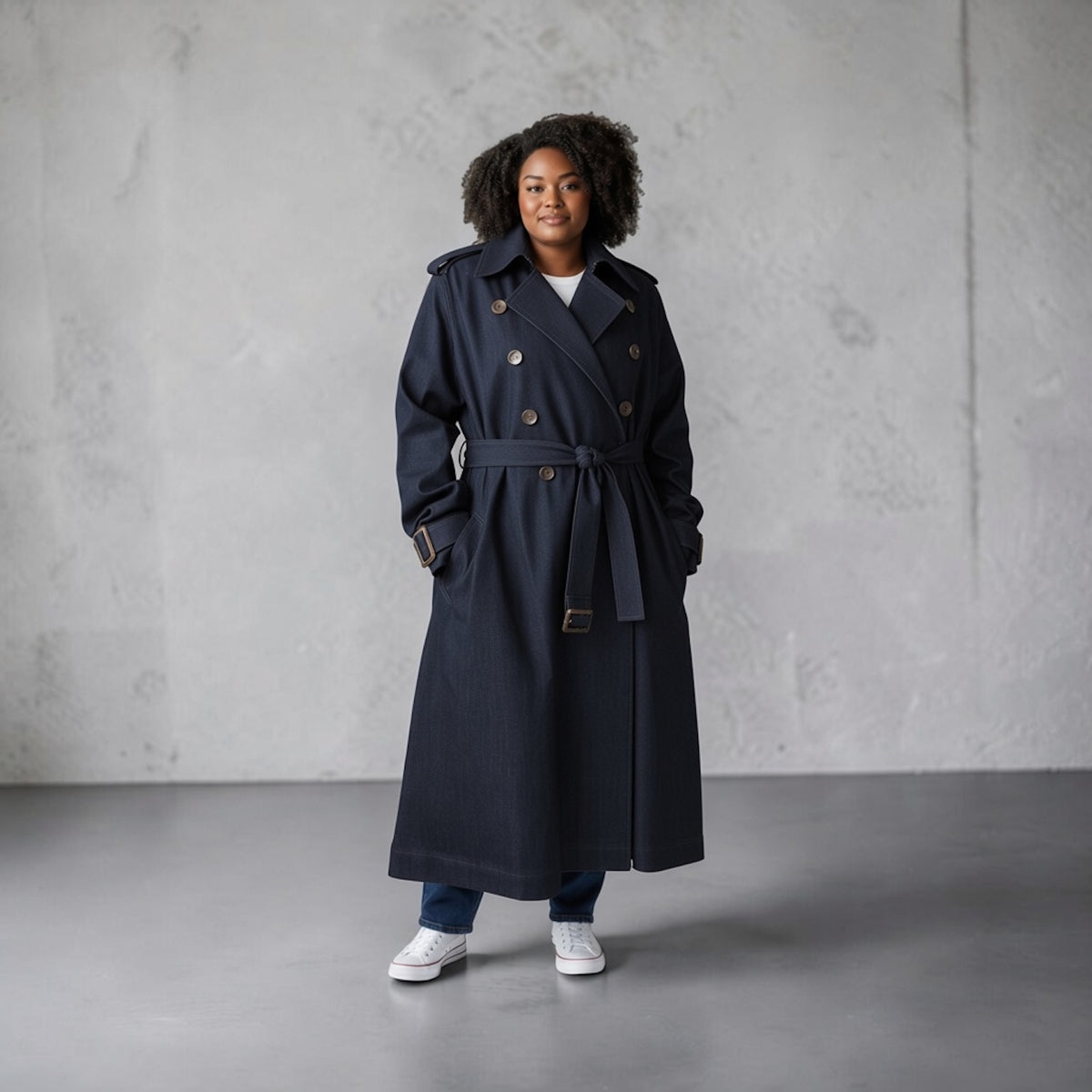 Plus Size Dark Navy Denim Trench Coat | Relaxed Oversized Longline Trench