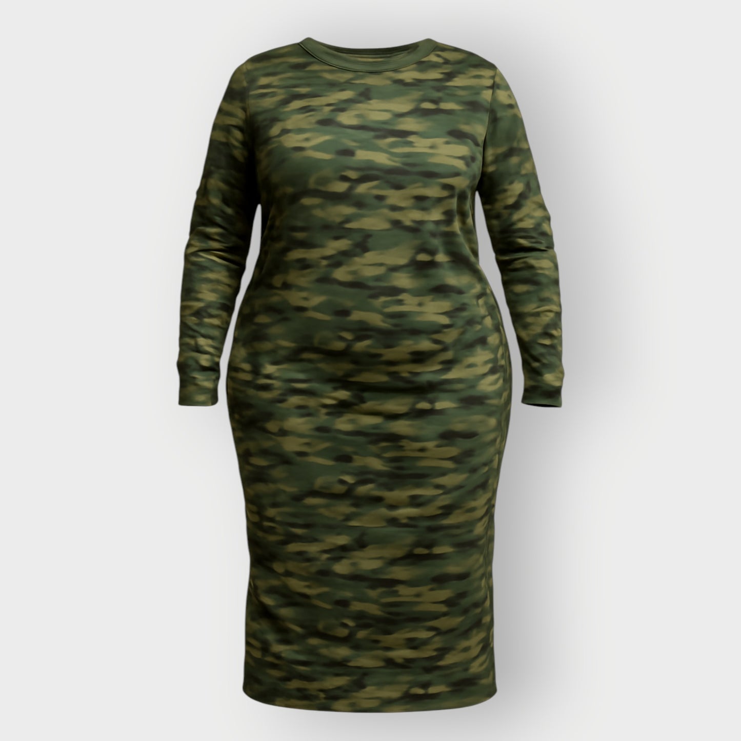Womens Plus Size Olive Green Camouflage Bodycon Midi Dress as a cut out on an invisble mannequin