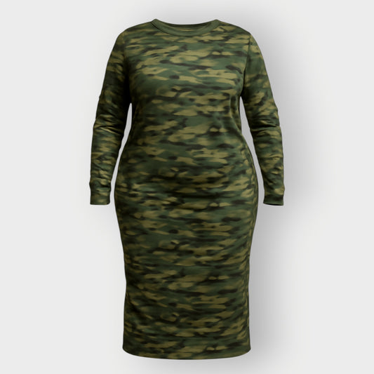 Womens Plus Size Olive Green Camouflage Bodycon Midi Dress as a cut out on an invisble mannequin