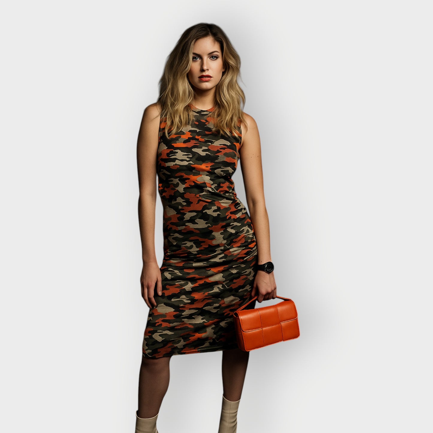 Women's Summer Mid Size Orange Green Grey Camouflage Bodycon Midi Dress styled with an orange handbag and beige boots for a modern, stylish look.
