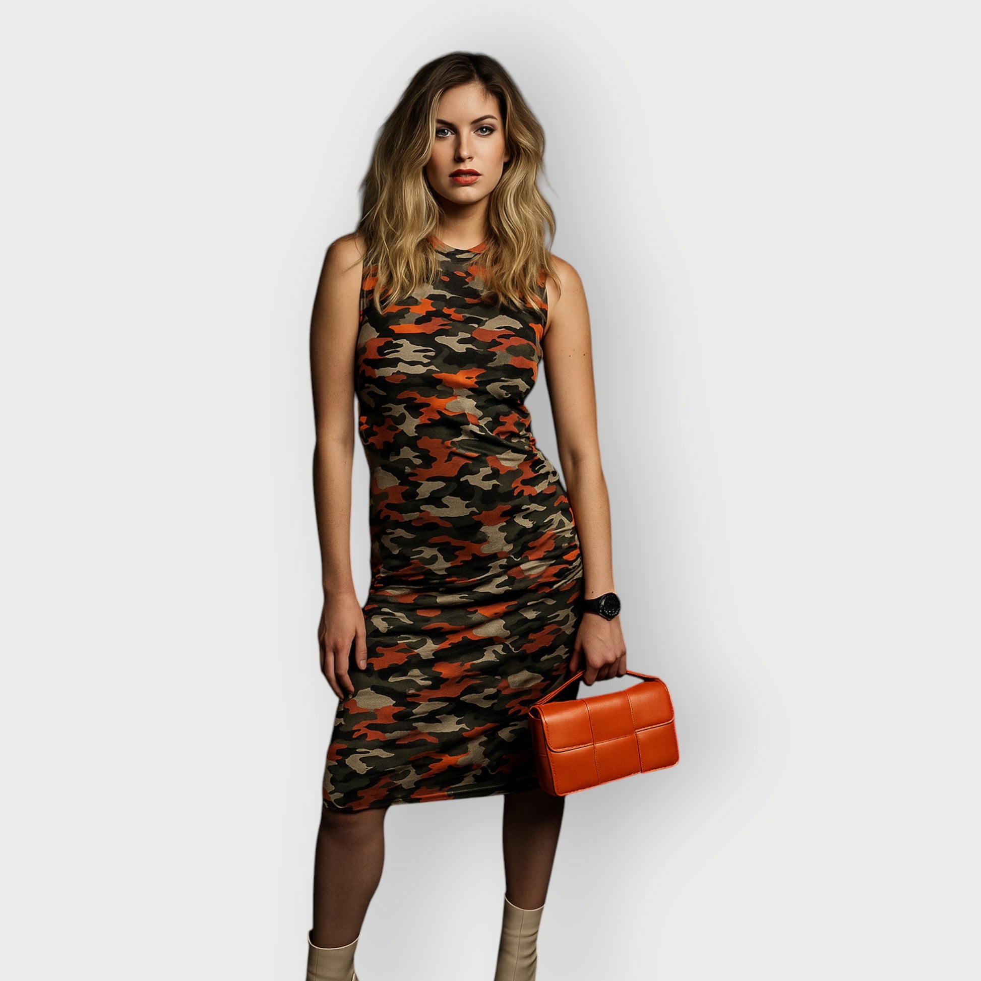 Women's Summer Mid Size Orange Green Grey Camouflage Bodycon Midi Dress styled with an orange handbag and beige boots for a modern, stylish look.