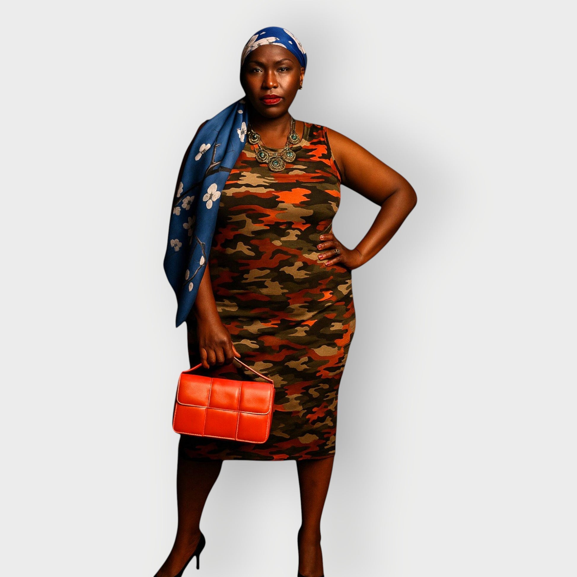 Woman wearing an organge camouflage dress with an orange clutch and blue headscarf on a white background