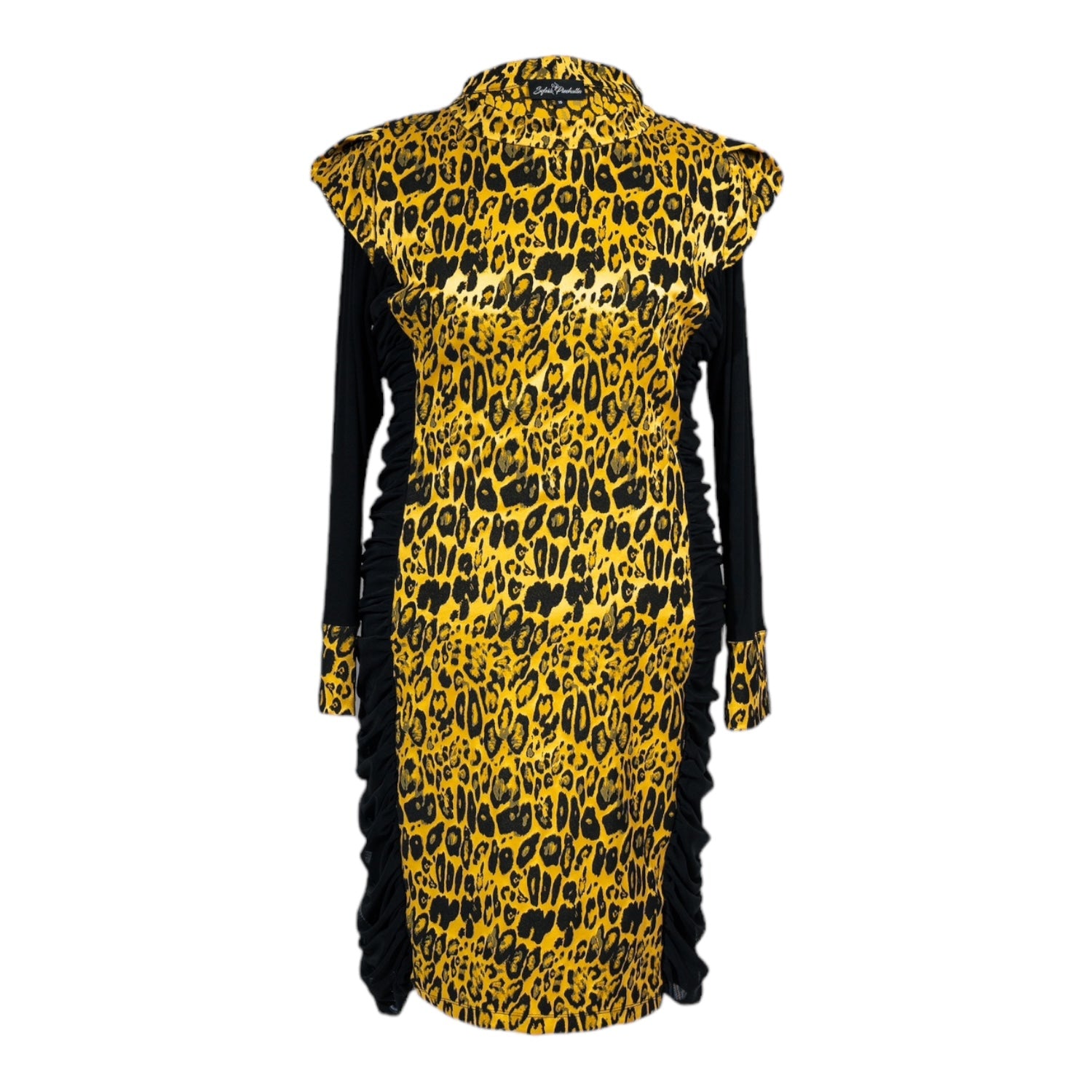 Women's Plus Size and Mid Size Black Gold Bodycon Midi Brocade Jacquard Leopard Dress displayed as a cutout on an invisible mannequin.