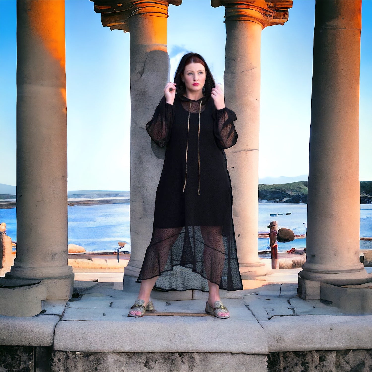 Plus Size Aphrodite Black Holiday Resort Dress with hoodie and black undergarment, styled with golden sandals for a chic and comfortable holiday look.