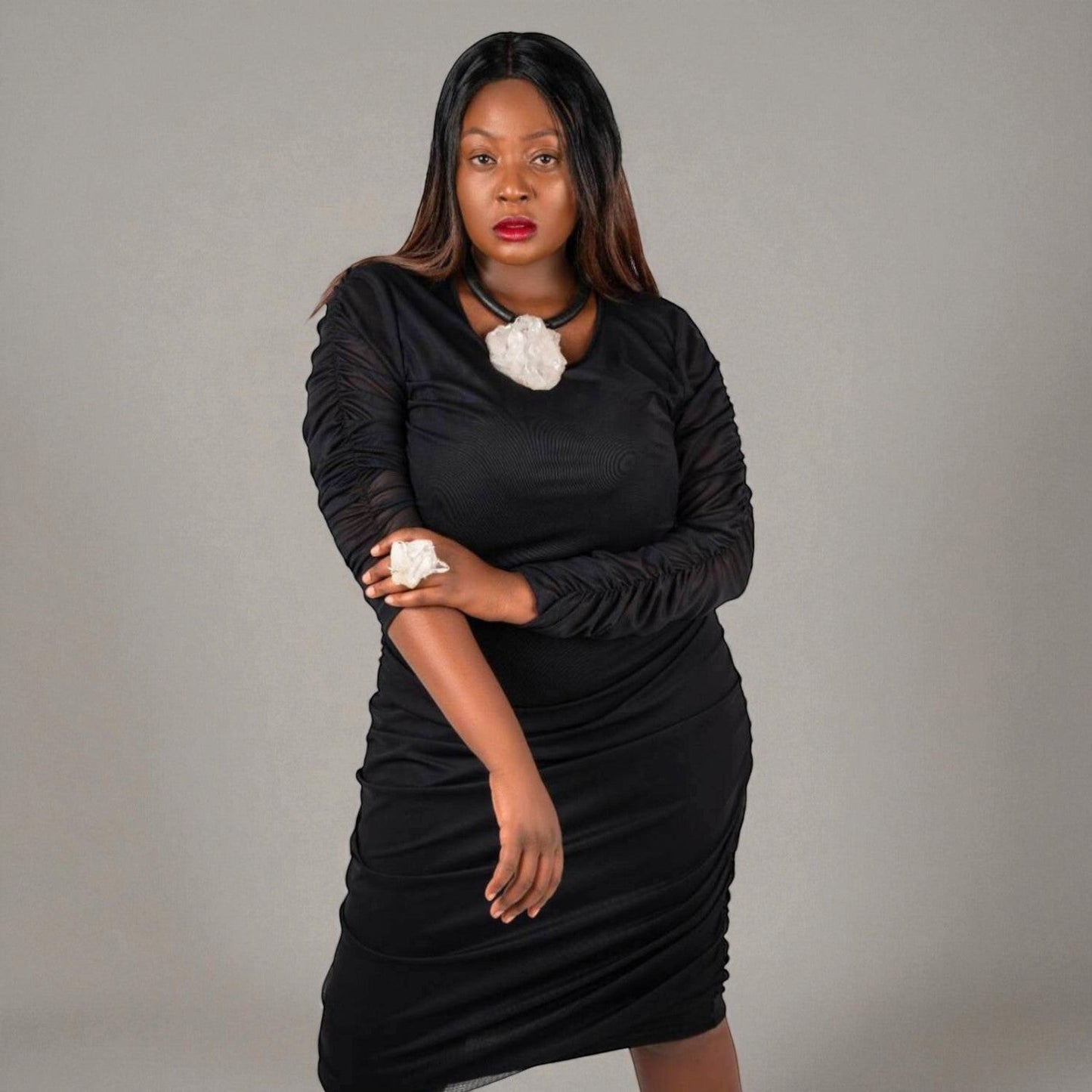 Black Plus Size Mid Size Premium Ruched Midi Dress UK 12-20 US 8-16