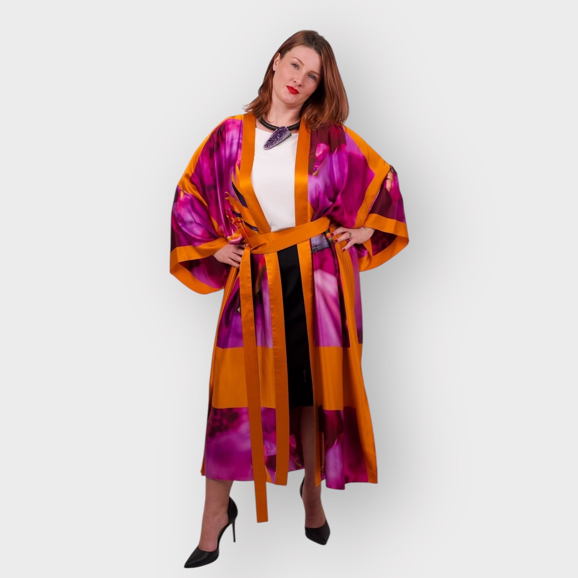 Womens Bird  of Paradise Pink Purple Silk Kimono styled with a white blouse, black pencil skirt, and  Jewelry by Veronique Designs for a chic outfit.