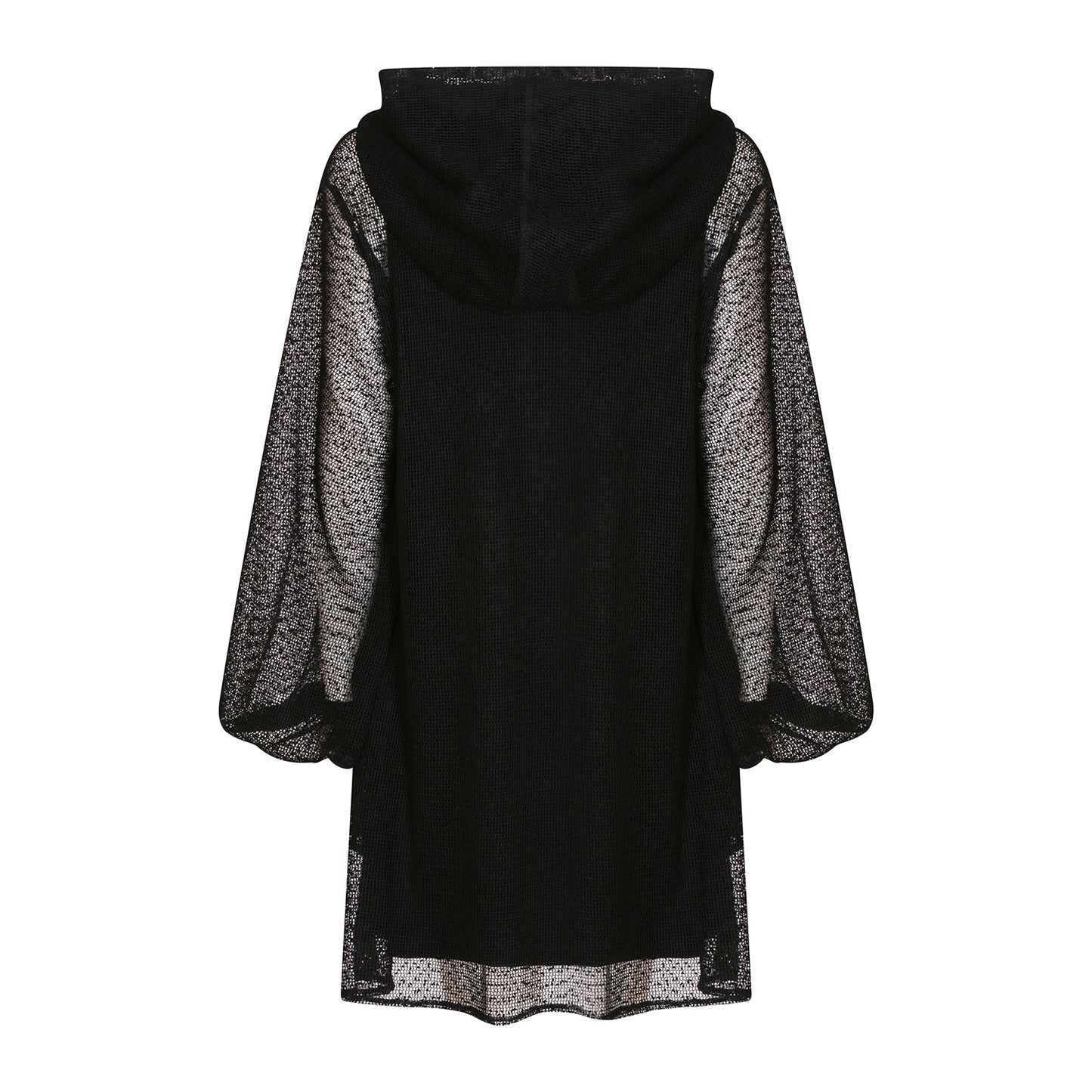 Plus Size Aphrodite Black Holiday Resort Dress with matching black undergarment and hoodie on mannequin. Short Version as a cut out from the back