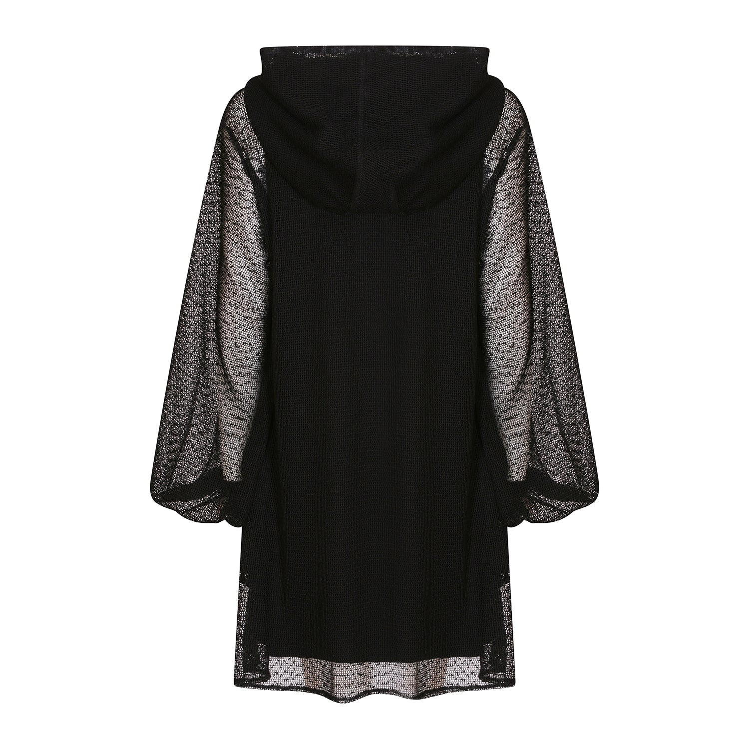 Plus Size Aphrodite Black Holiday Resort Dress with matching black undergarment and hoodie on mannequin. Short Version as a cut out from the back