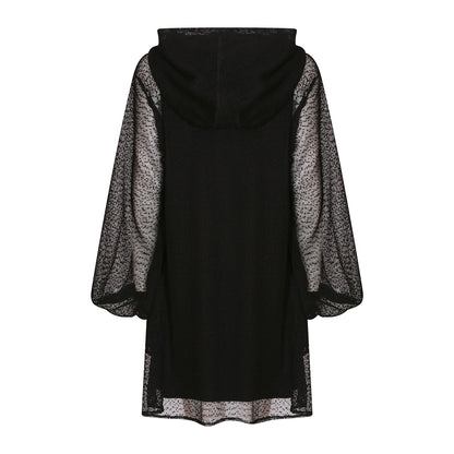 Plus Size Aphrodite Black Holiday Resort Dress with matching black undergarment and hoodie on mannequin. Short Version as a cut out from the back