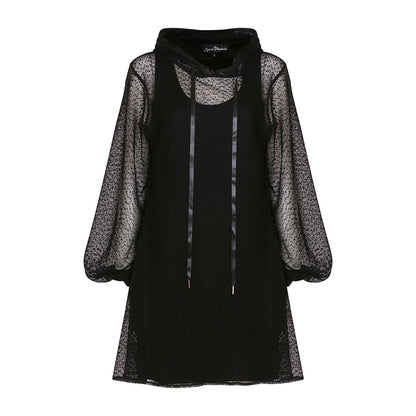 Women's Plus Size Aphrodite Black Holiday Resort Dress with matching black undergarment. Cut out on a mannequin.