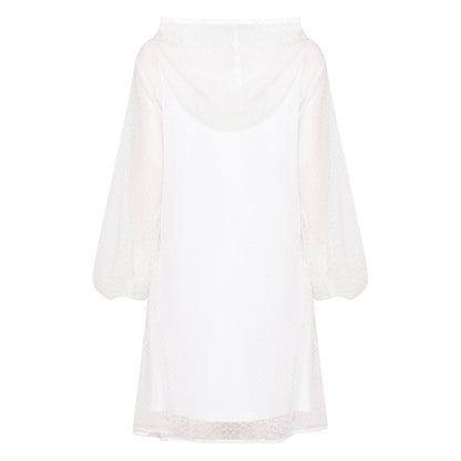 Plus Size Aphrodite White Holiday Resort Dress with matching white undergarment and hoodie on mannequin. Short Version as a cut out from the back.