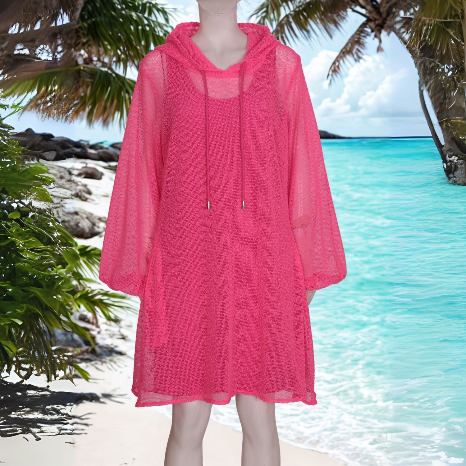 Plus Size Aphrodite Hot Pink Holiday Resort Dress with matching hot pink undergarment and hoodie on mannequin. Short Version. Presented at the Seychelles.
