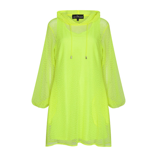 Plus Size Aphrodite Neon Lime Holiday Resort Dress with matching neon lime undergarment and hoodie on mannequin. Short Version as a cut out from the front.