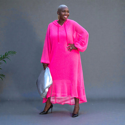 Midi Plus Size Holiday Dress with Hoodie in Hot Pink UK 12-22 US 8-18 Midi Plus Size Holiday Dress with Hoodie in Hot Pink UK 12-22 US 8-18
