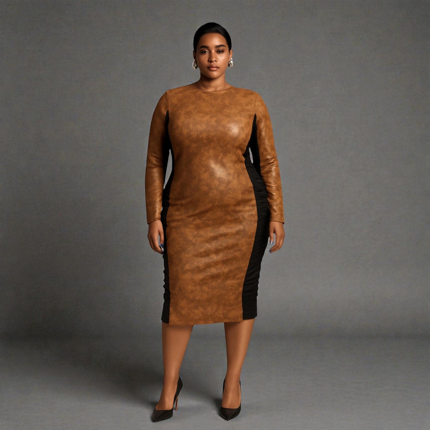 Plus Size Chocolate Brown Vegan Leather Midi Dress Plus Size Chocolate Brown Vegan Leather Midi Dress