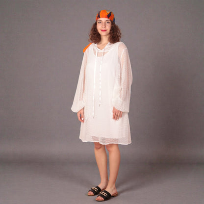 Women is wearing a UK12/ US10  Aphrodite White Holiday Resort Dress with matching white undergarment and hoodie  Short Version photographed from the front.