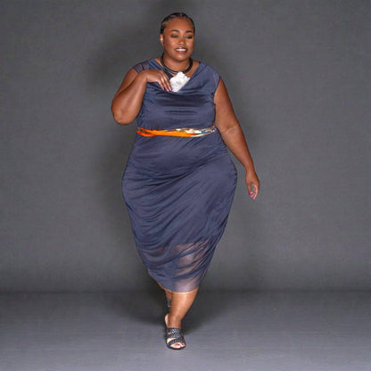 Women's Boudicca Summer Black Ruched midi dress styled with the Bird of Paradise Cherry Blossom White Blue Scarf worn as a belt. Jewellery by Veronique Designs.