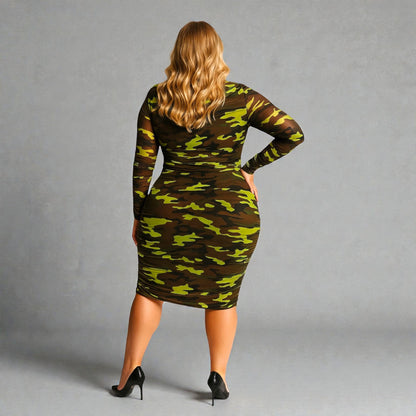 Women's Plus Size Neon Lime Brown Black Camouflage Bodycon Midi Dress styled with black heels for a bold and chic look. Grey Background.