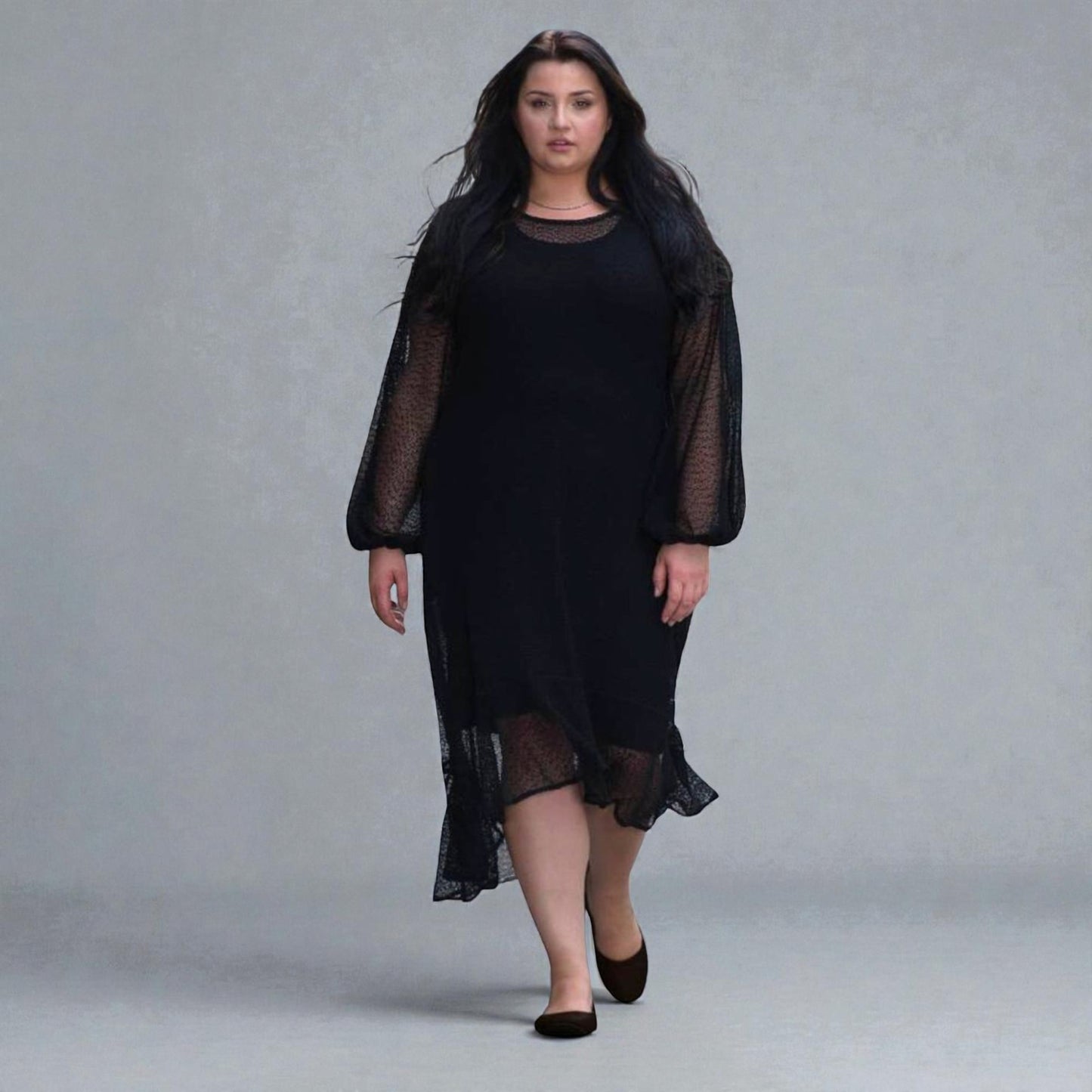 Women's Aphrodite Black Holiday Resort Dress with black undergarment, accessorized with black Ballerinas.