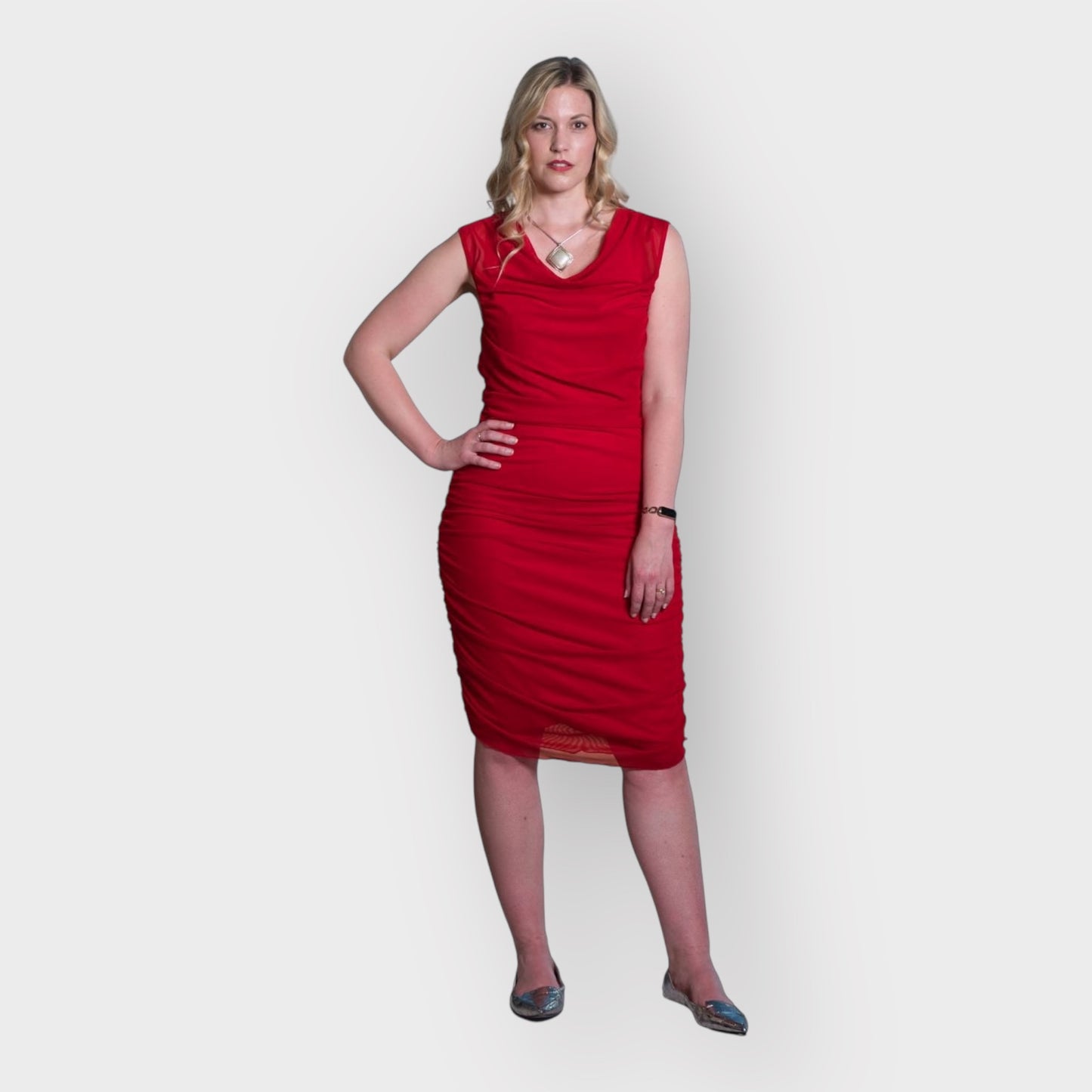 Women's Boudicca Summer Red Ruched Bodycon Midi Dress styled with a silver  necklace and Silver flats for a chic, modern ensemble.