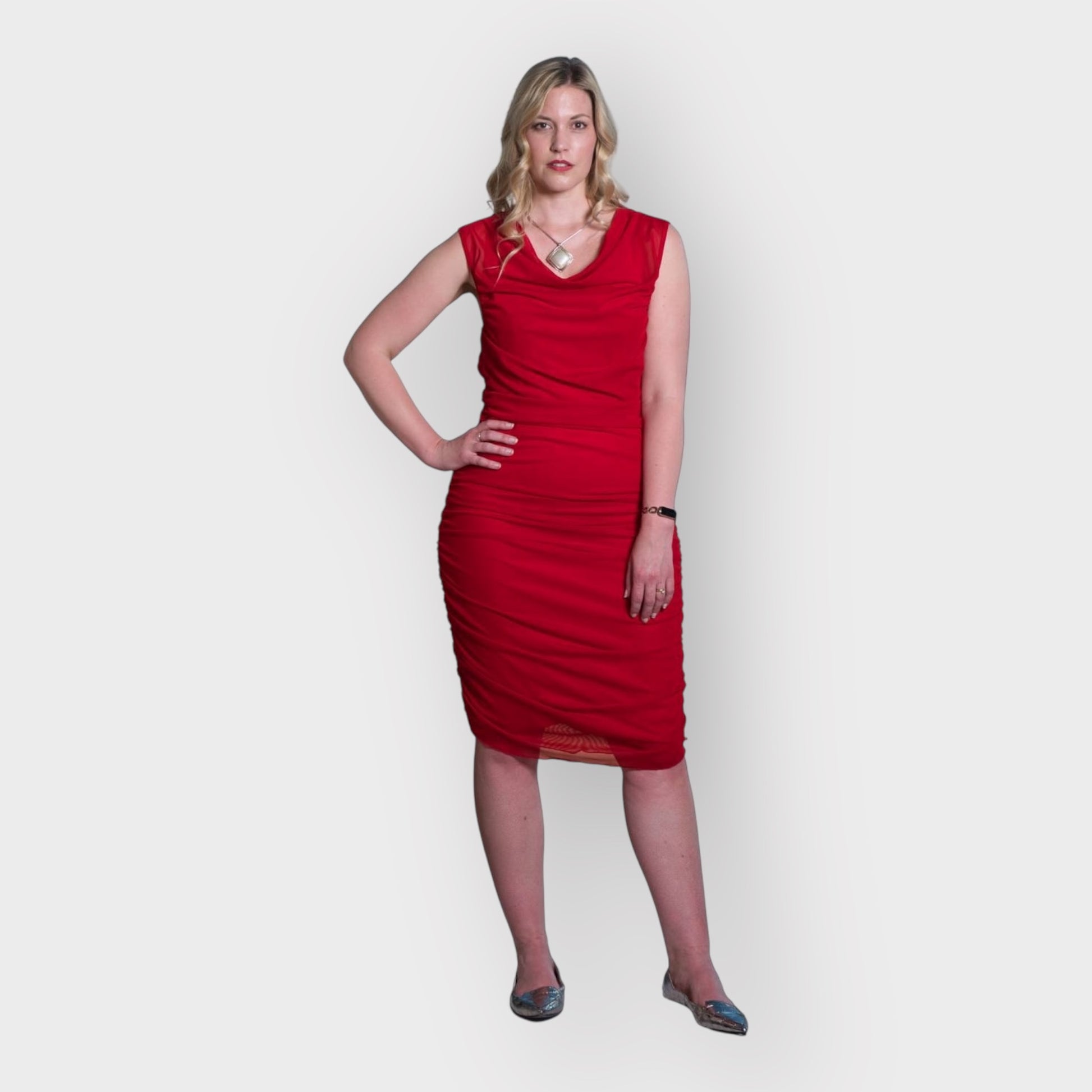 Women's Boudicca Summer Red Ruched Bodycon Midi Dress styled with a silver  necklace and Silver flats for a chic, modern ensemble.