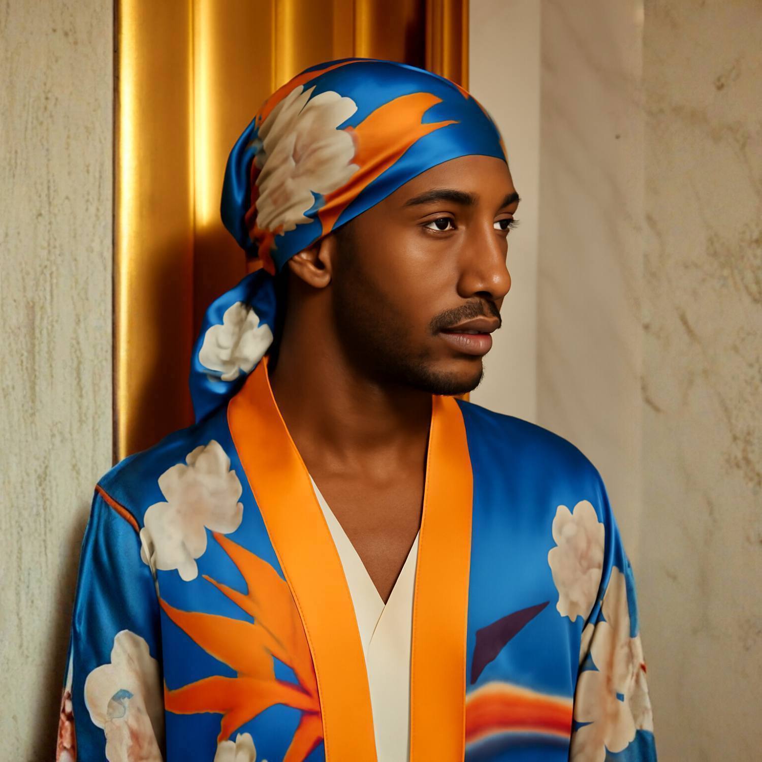 Man wearing a Colorful Bird of Paradise White Blue Cherry Blossom Silk kimono garment with abstract patterns and matching headscarf  against a neutral background