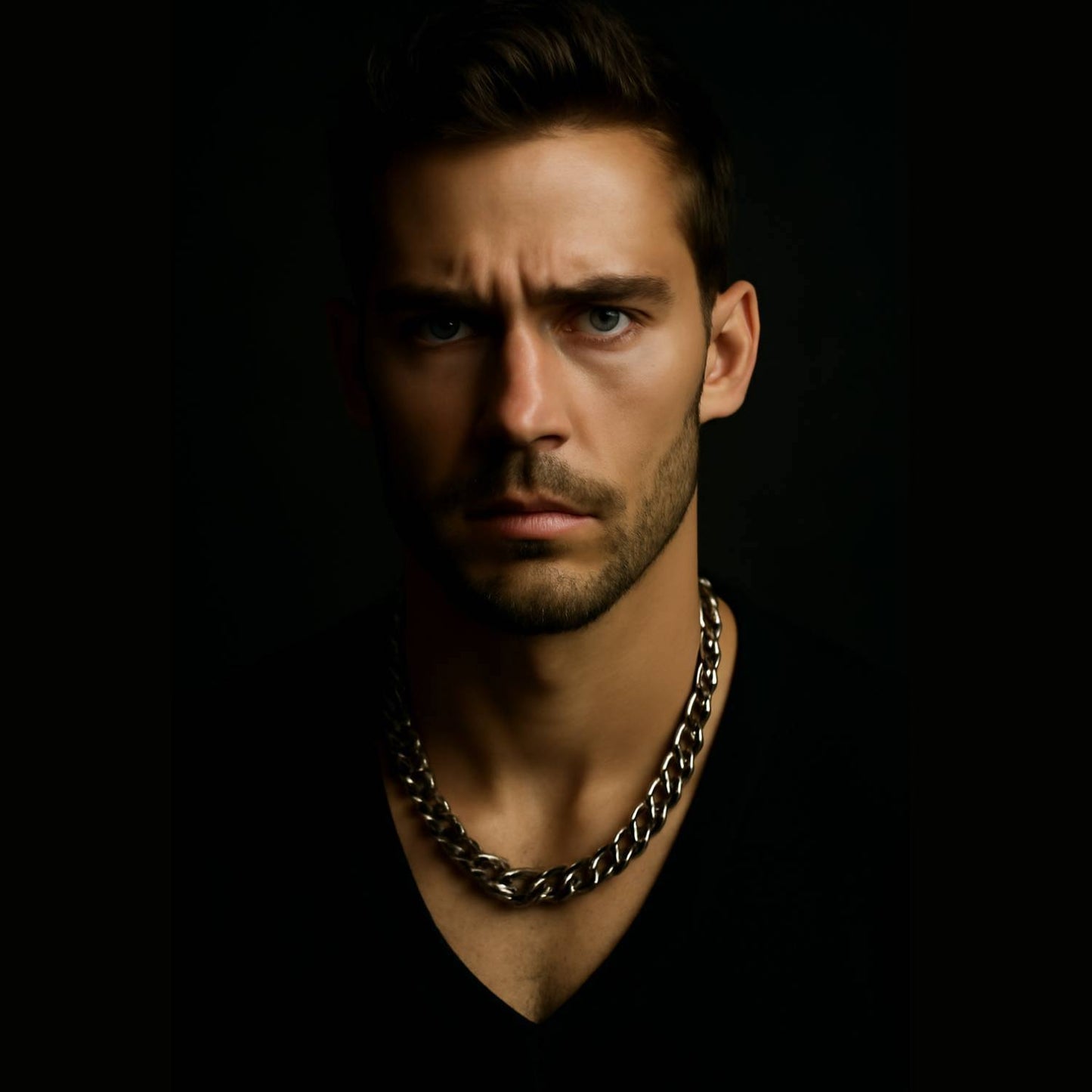 Man wearing a black aluminium chain necklace against a dark background