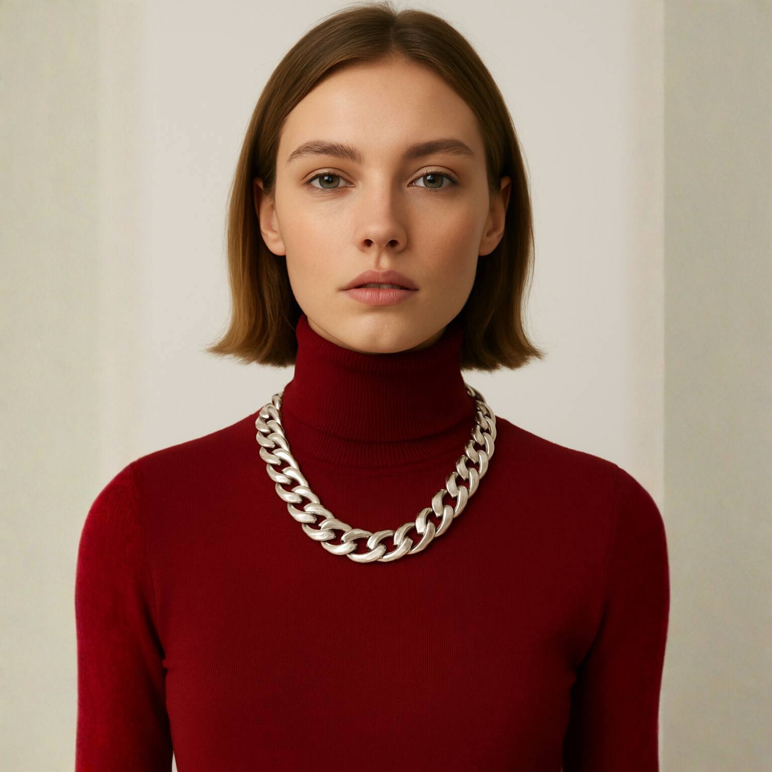 Woman wearing a red turtleneck sweater with a large silver chain necklace against a plain background