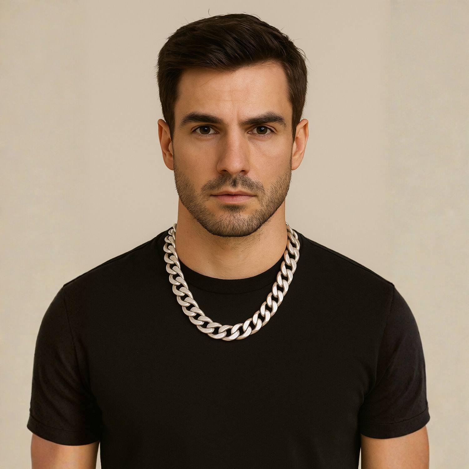 Man wearing a black t-shirt and large silver chain necklace against a beige background