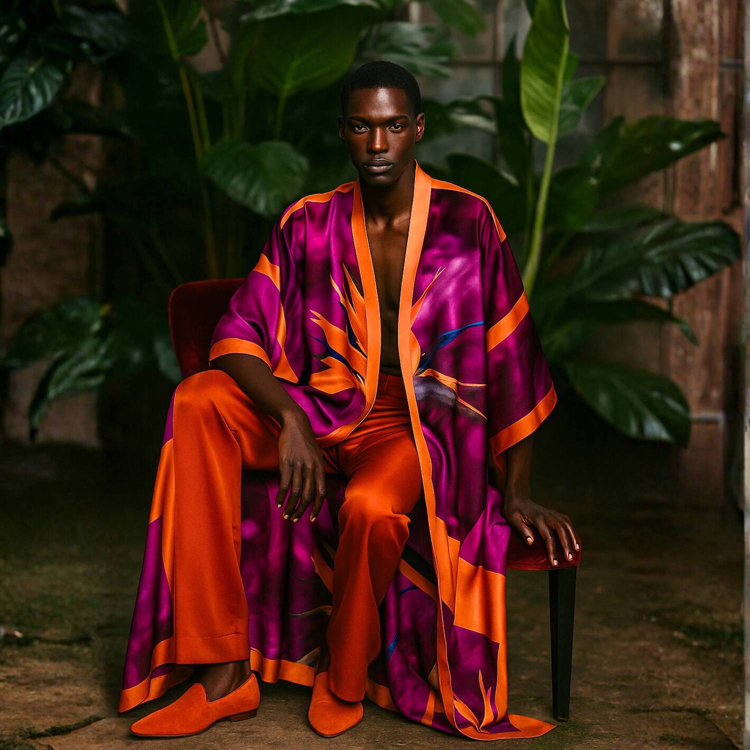 Limited Edition Unisex Printed Silk Kimono - Bird of Paradise Pink
