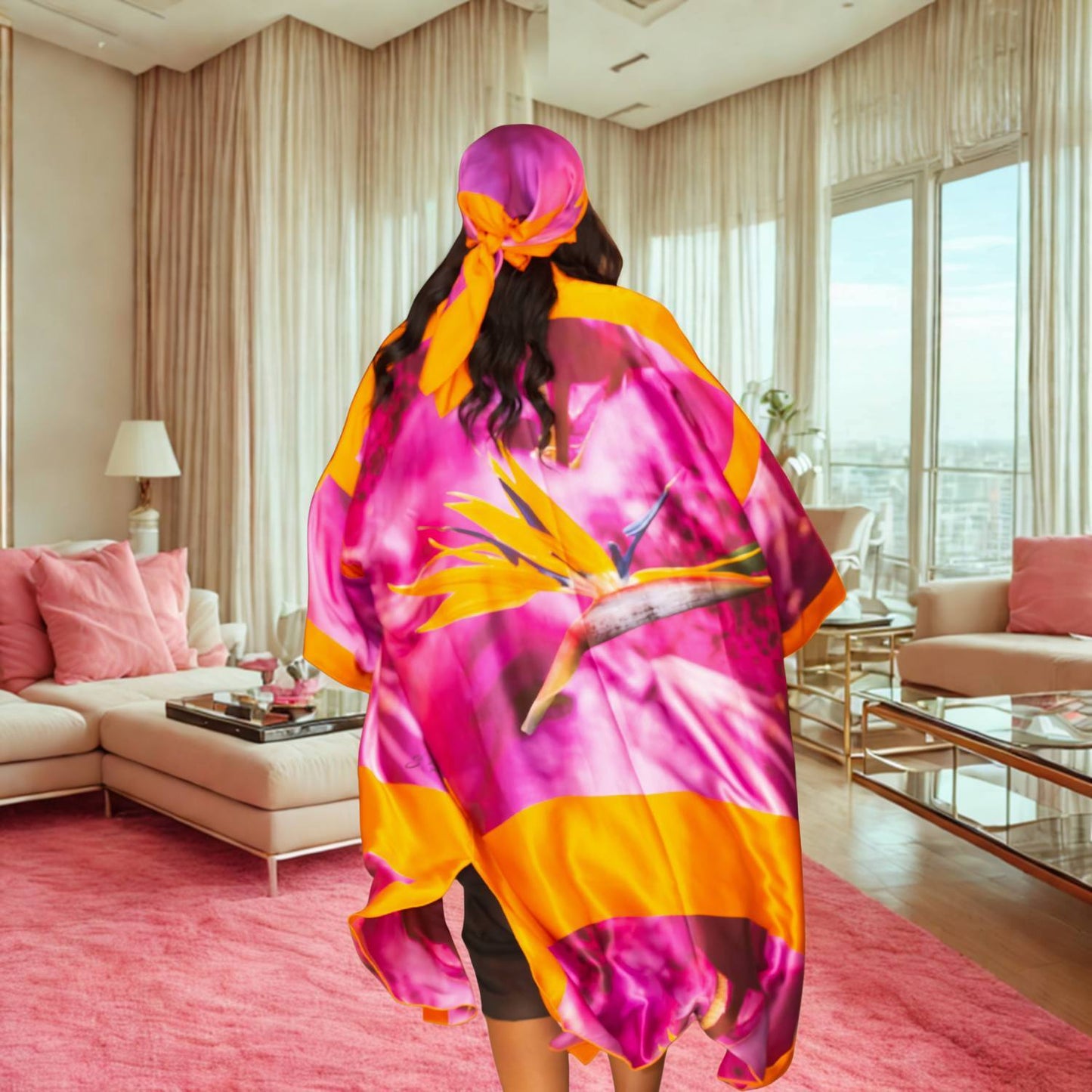Woman in a colorful  Bird of Paradise Pink Purple Silk Kimono-style garment standing in a modern living room with large windows.