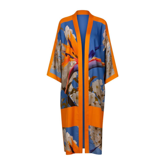 Colorful Bird of Paradise White Blue Cherry Blossom Silk kimono garment with abstract patterns on a white background