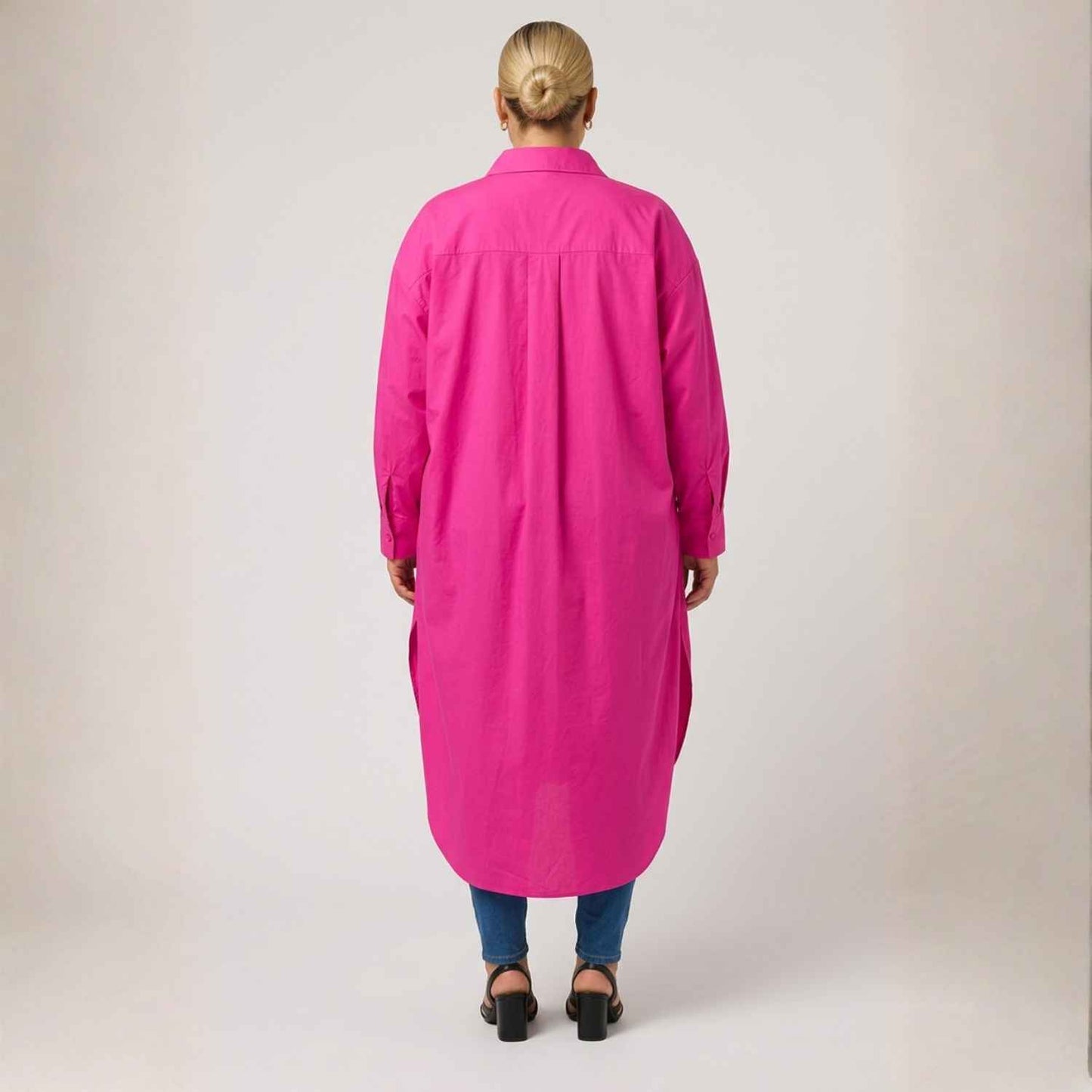 Plus Size Pink Ruched Longline Cotton Shirt Dress