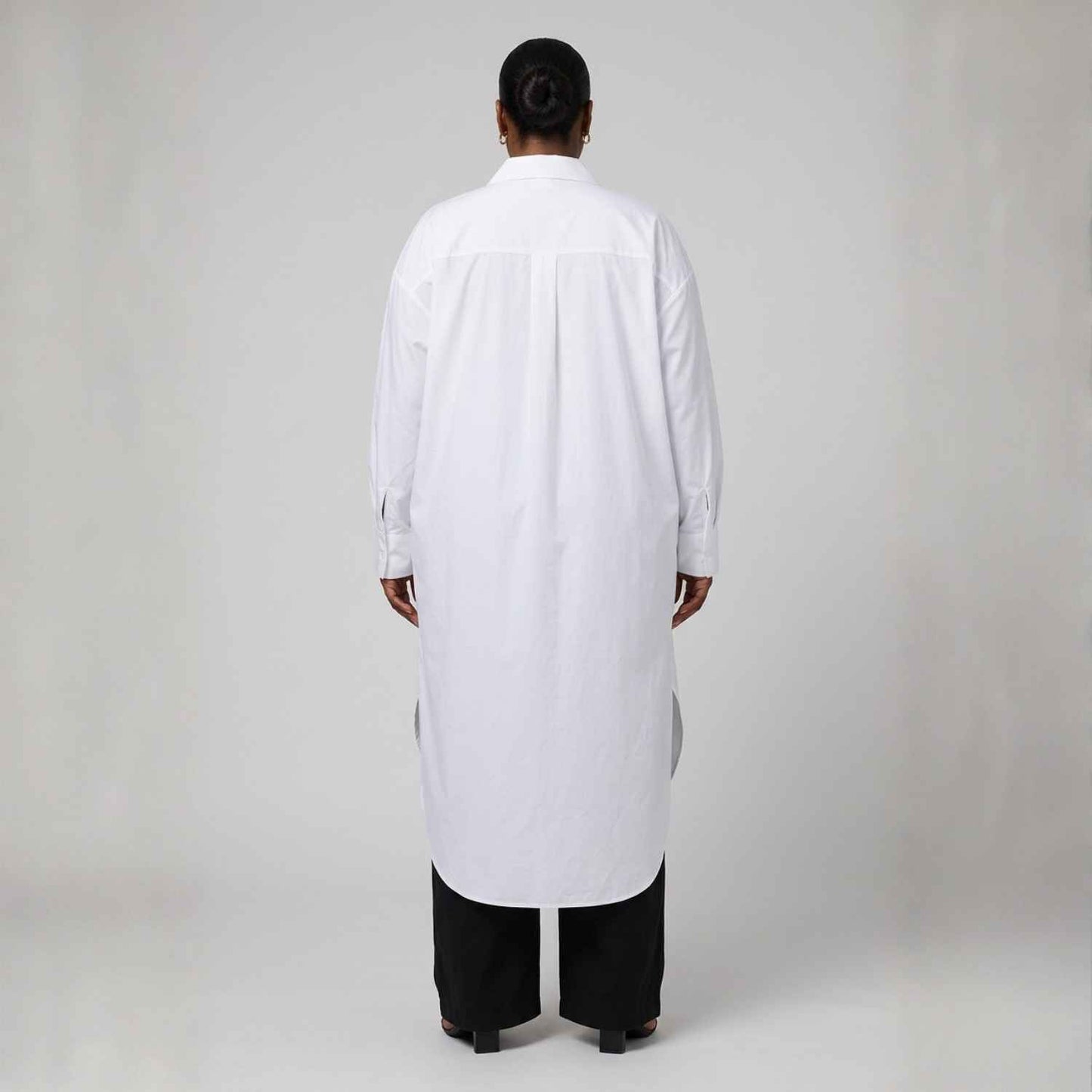 Plus Size White Ruched Longline Cotton Poplin Shirt Dress