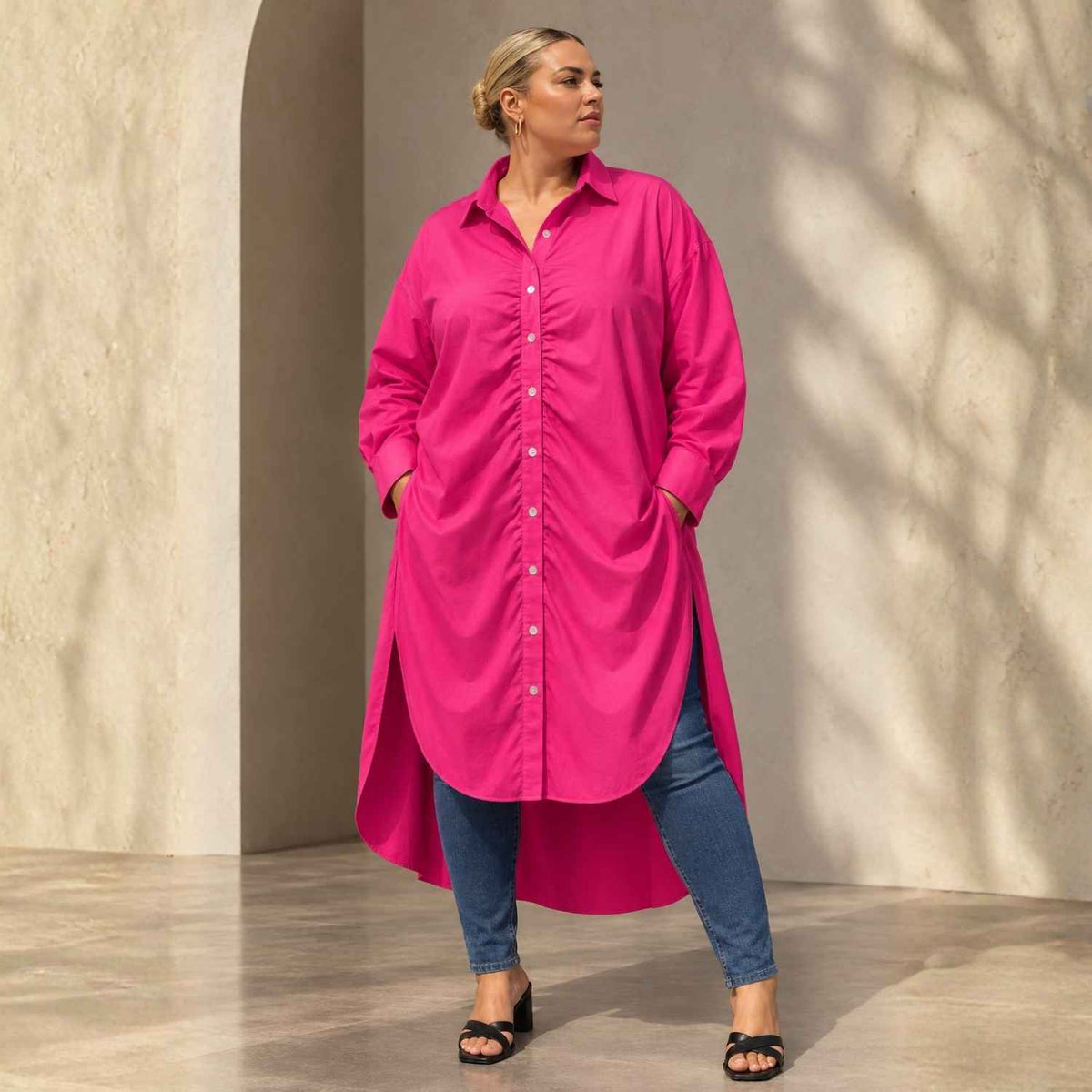 Plus Size Pink Ruched Longline Cotton Shirt Dress