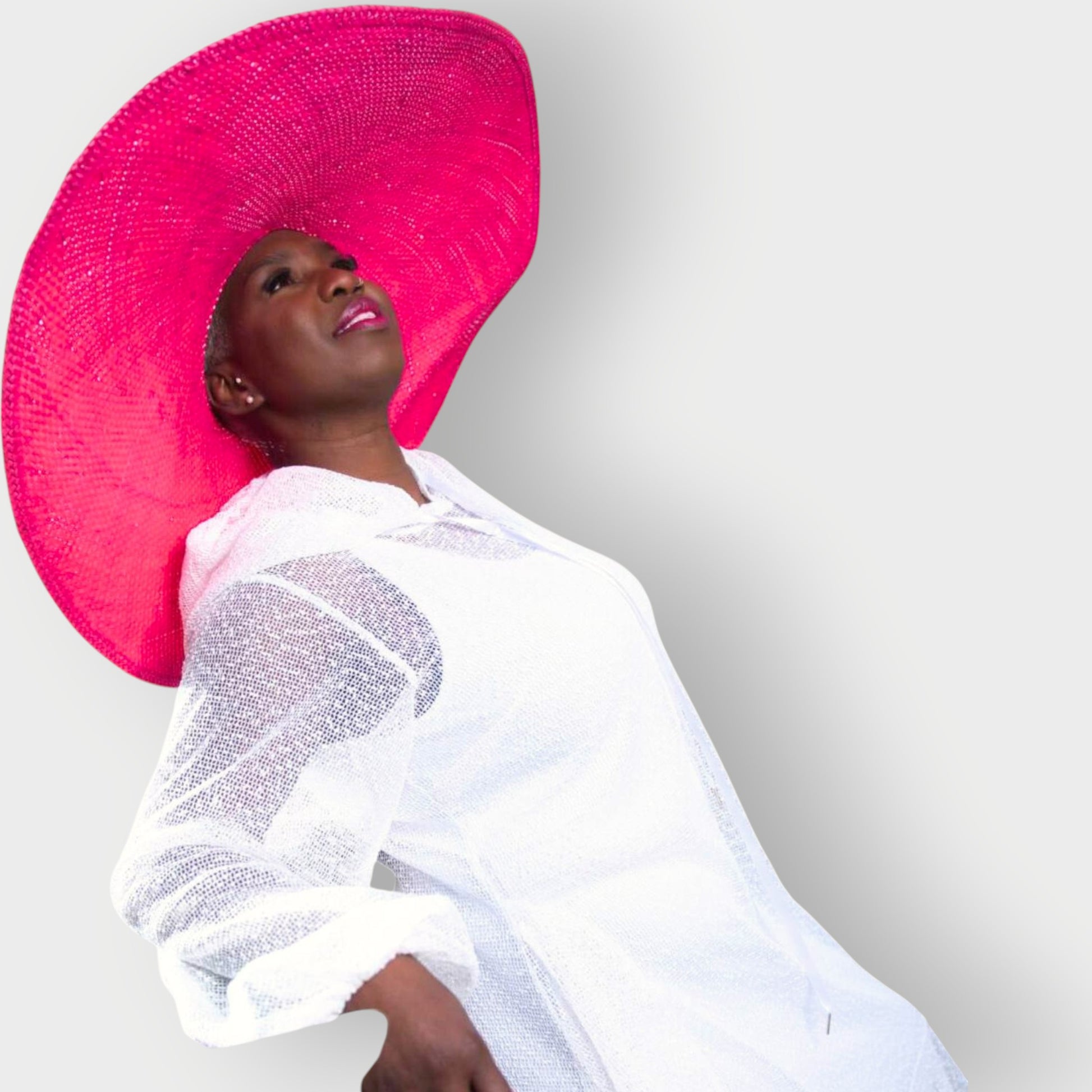 Women's Plus Size Aphrodite White Holiday Resort Dress with hoodie and white undergarment shown as a close up, paired with a pink sunhat.