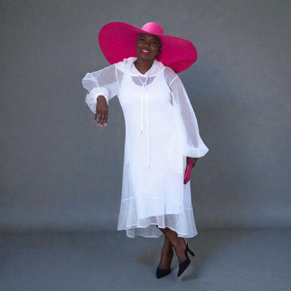 Women's Plus Size Aphrodite White Holiday Resort Dress with hoodie and white undergarment, paired with a pink sunhat, pink clutch, and black heels.