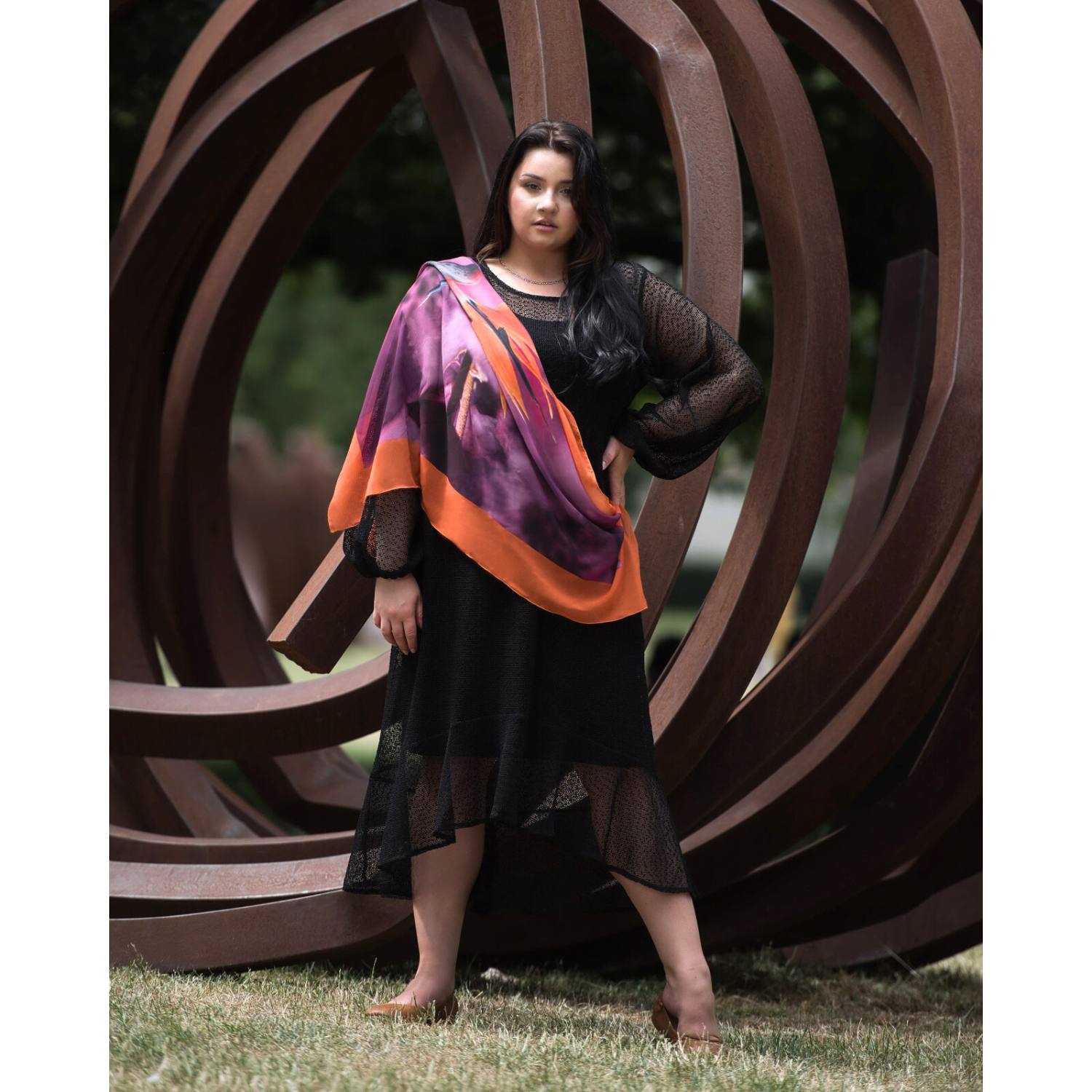 Women's Pink and Purple Georgette Scarf styled with the Aphrodite Black Holiday Resort Dress, showing the detail.
