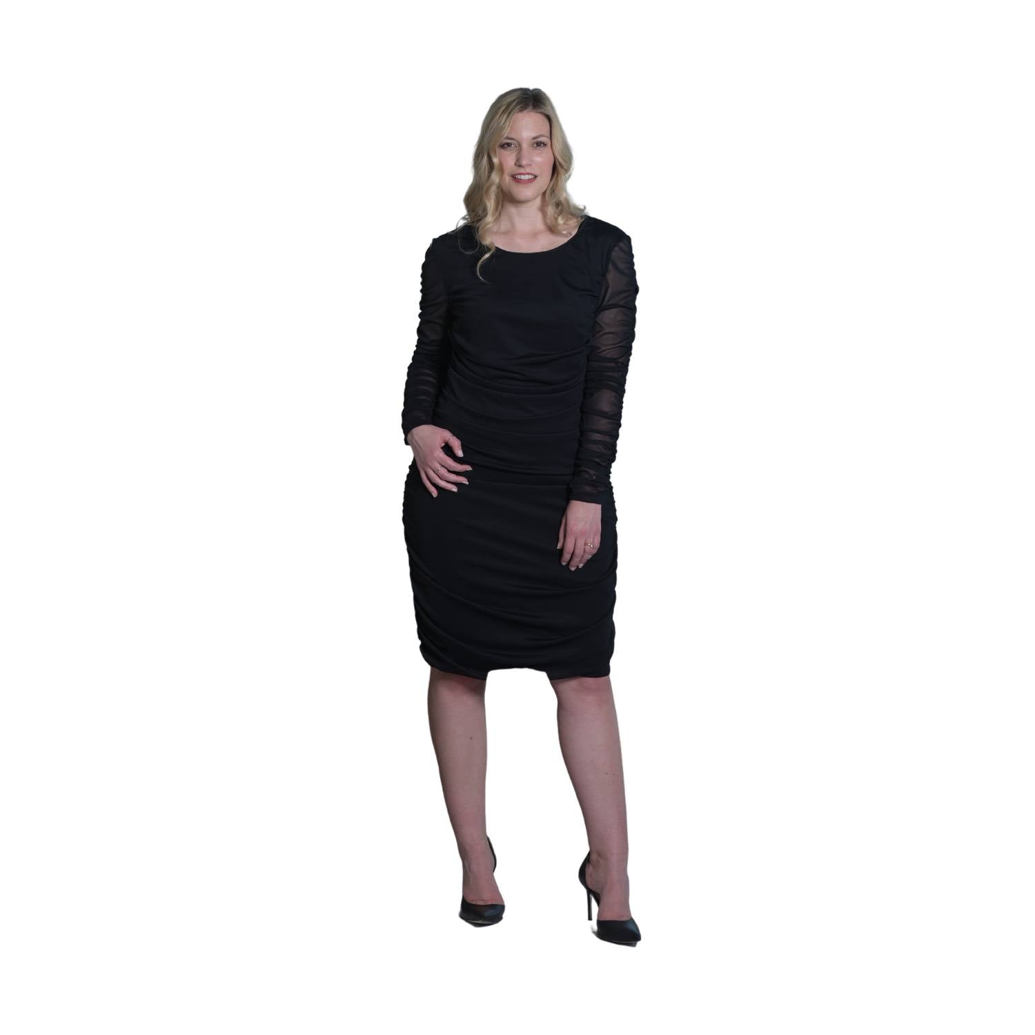 Women's Black Mid Size Ruched Bodycon Midi Dress styled with black heels for a classic and elegant touch.
