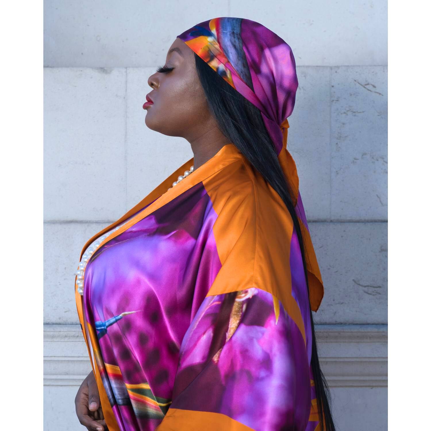 Women's Bird of Paradise Pink Purple Silk Kimono paired with a matching Pink Purple Silk Scarf styled as a headscarf for a coordinated look.