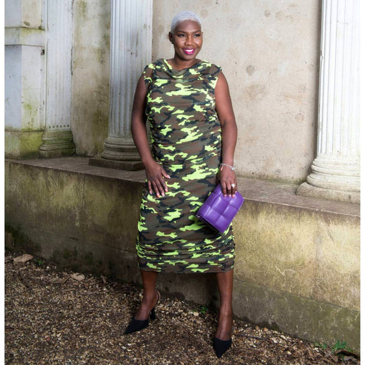 Women's Summer Plus Size Neon Lime Black Brown Camouflage Bodycon Midi Dress styled with a purple handbag and black heels for a bold, chic look.