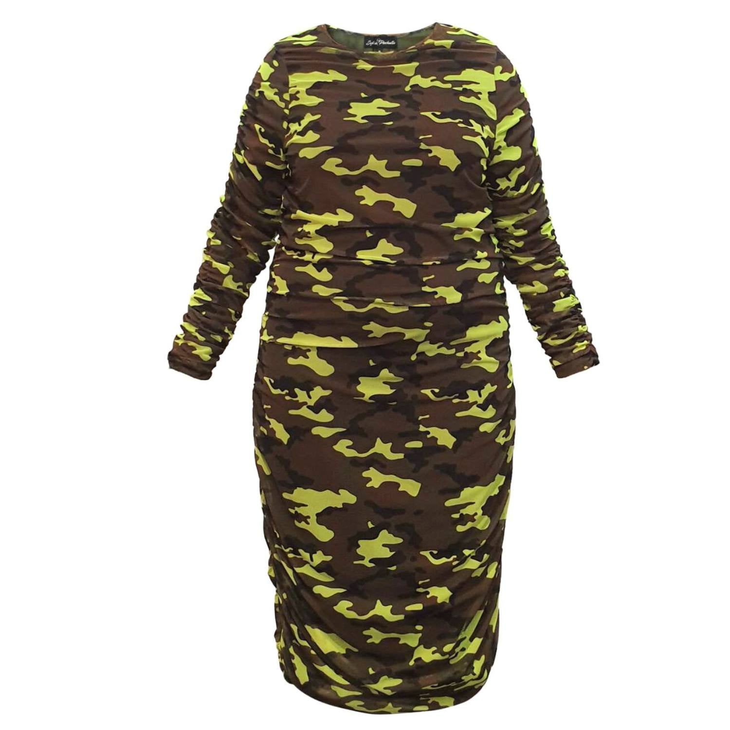 Women's Plus Size Neon Lime Camouflage Bodycon Midi Dress displayed as a cutout on an invisible mannequin.