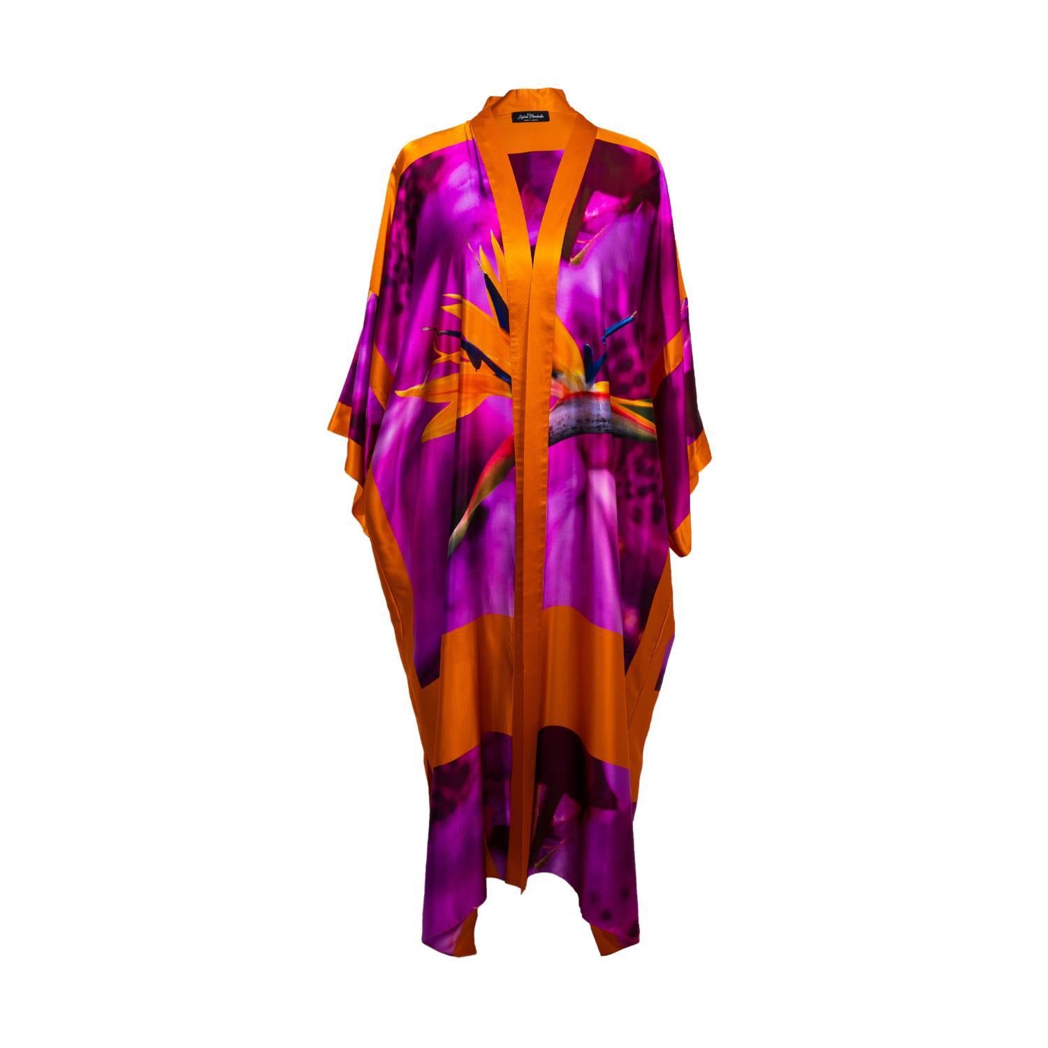 Women's Bird of Paradise Pink Purple Plus Size and Mid Size Silk Kimono displayed in a cutout image, highlighting its vibrant design and details.